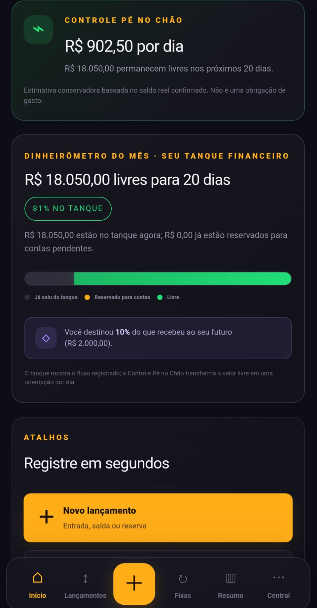 Tela Controle Pé no Chão e Dinheirômetro