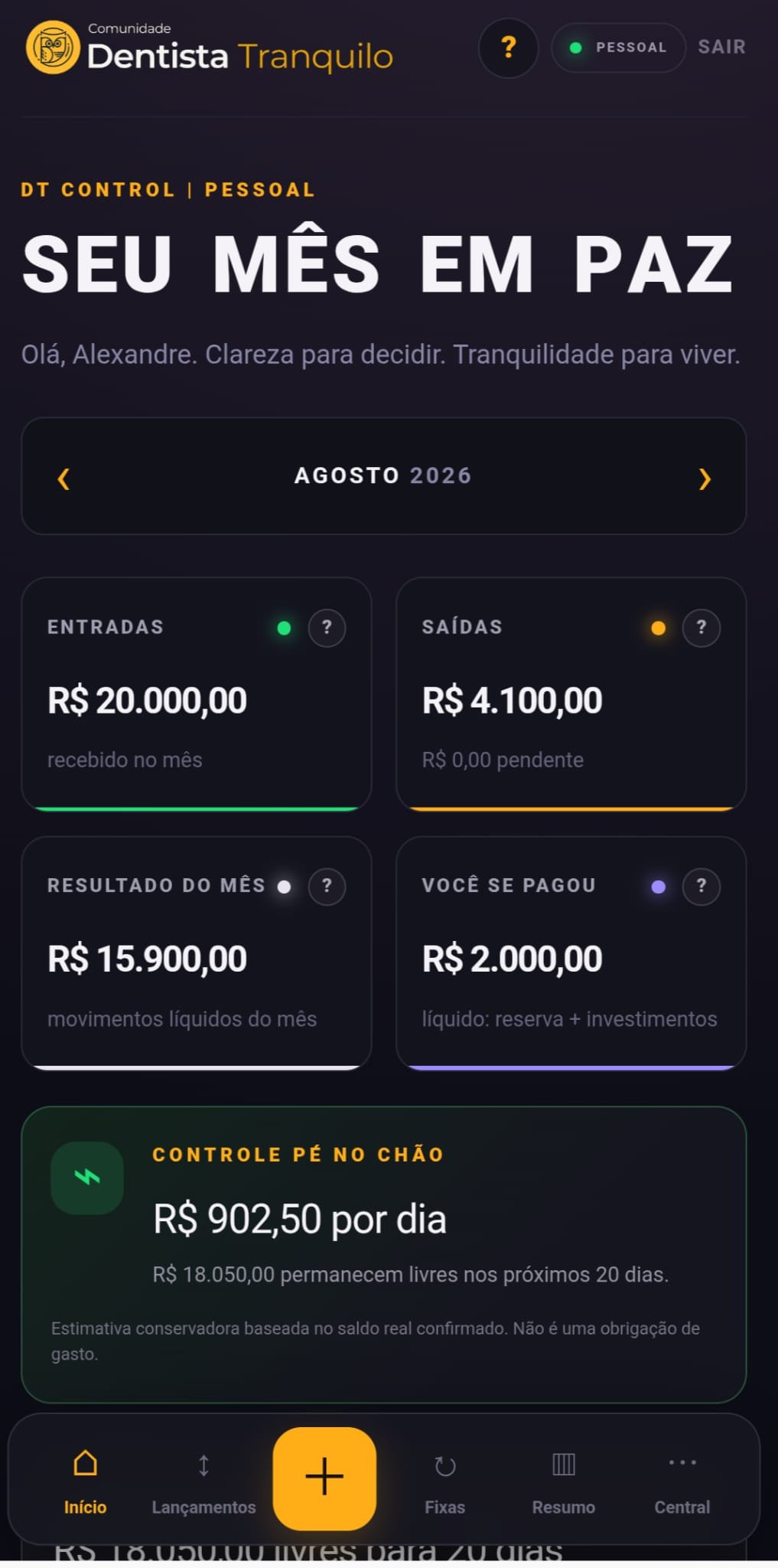 Tela Seu mês em paz do DT Control Pessoal